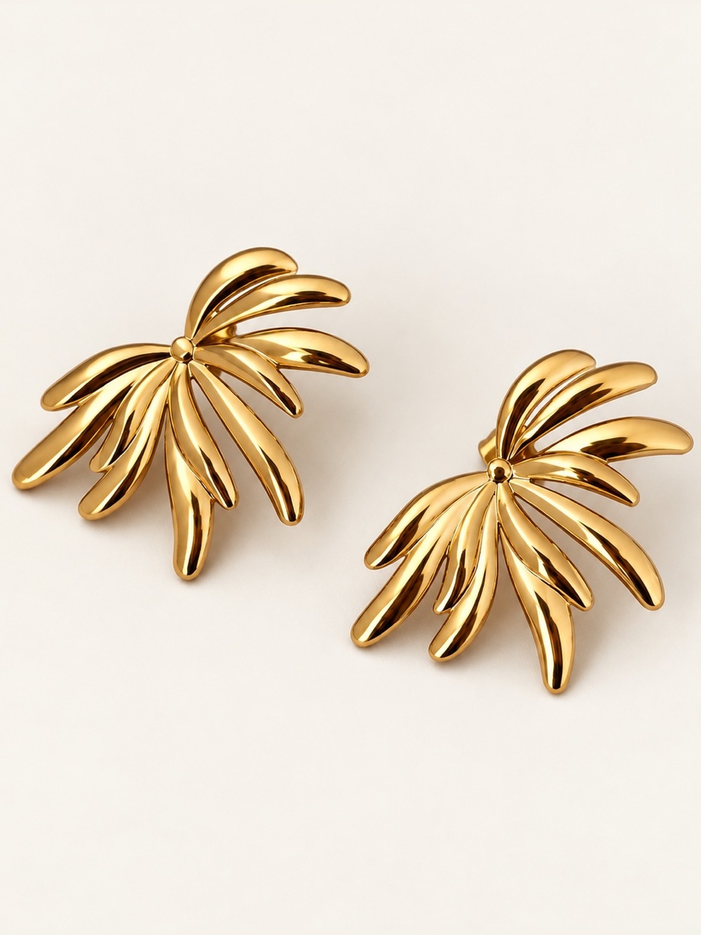 Anthropologie Style 18K Gold Plated Fan Leaf Earrings Sculptural Statement